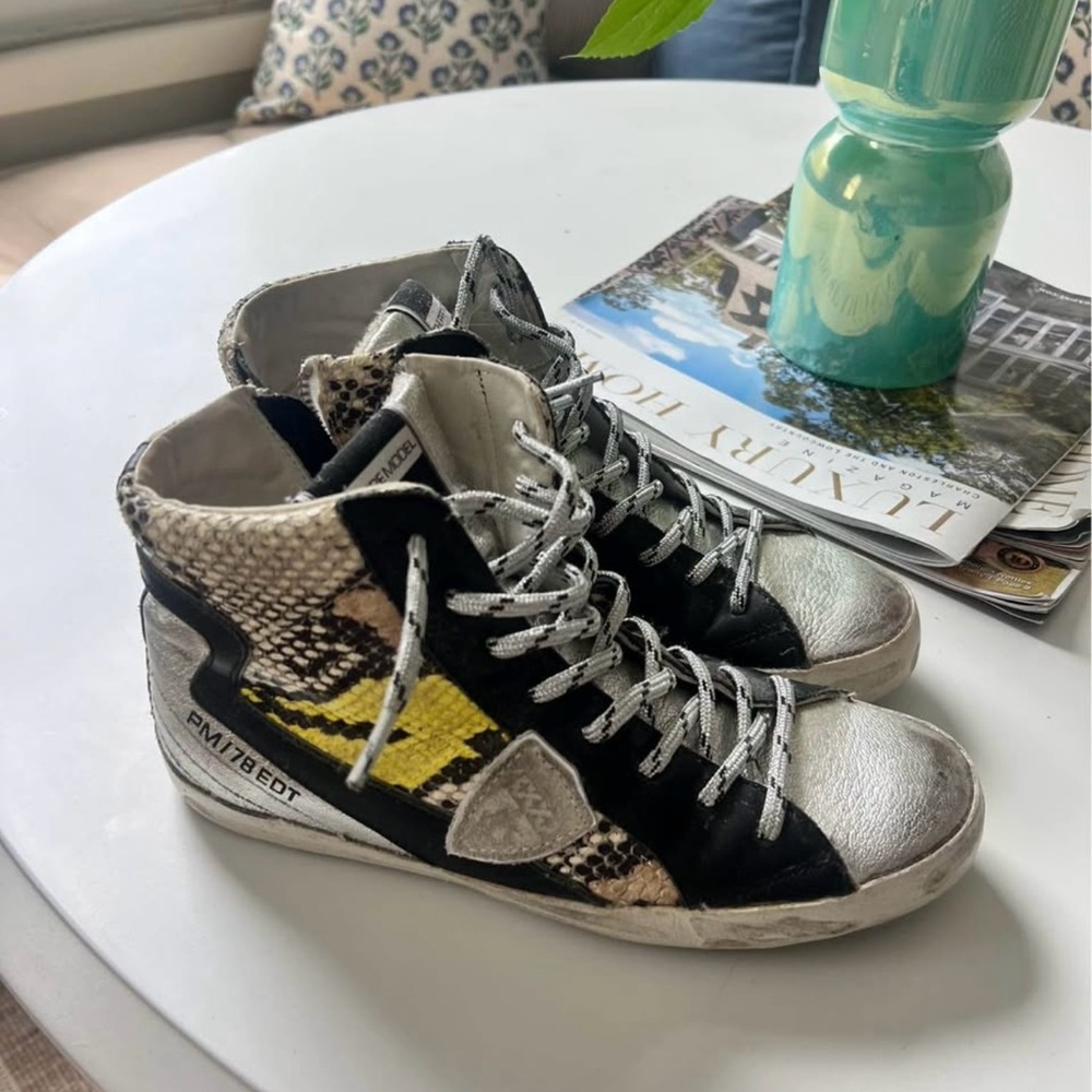 Philippe Model Black and Silver High-Tops with Yellow Accent